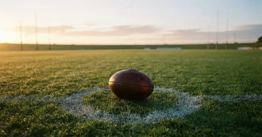A ball on the centre spot of a grass pitch in morning light