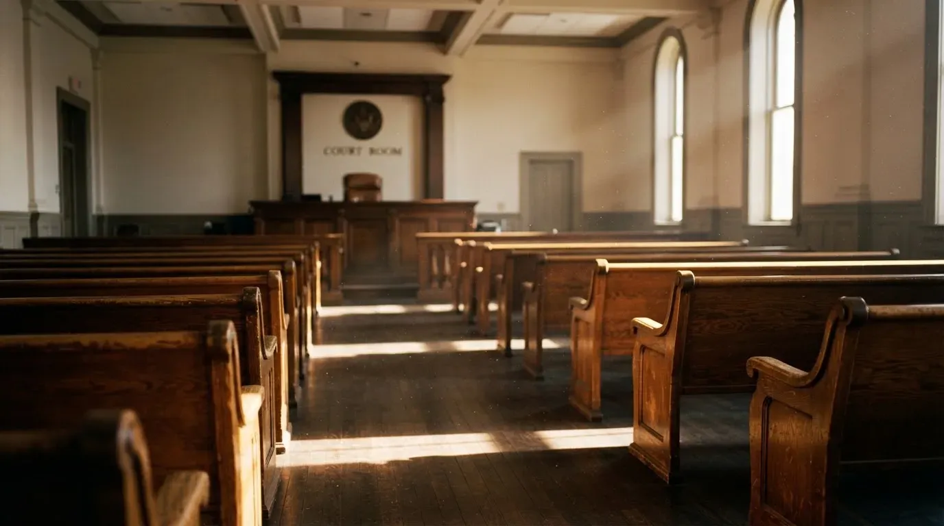 An empty courtroom with wooden benches in morning light