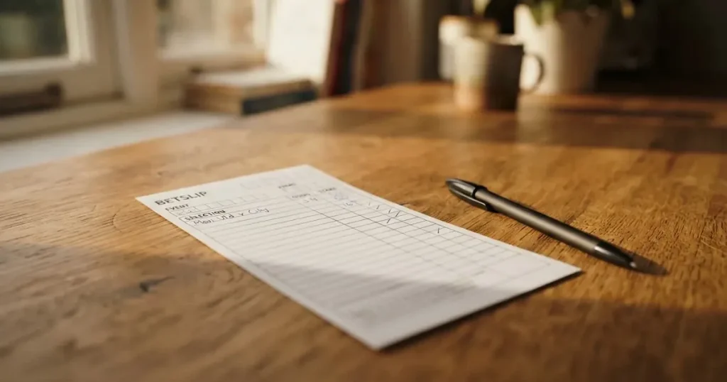 A blank paper betting slip beside a pen on a wooden counter