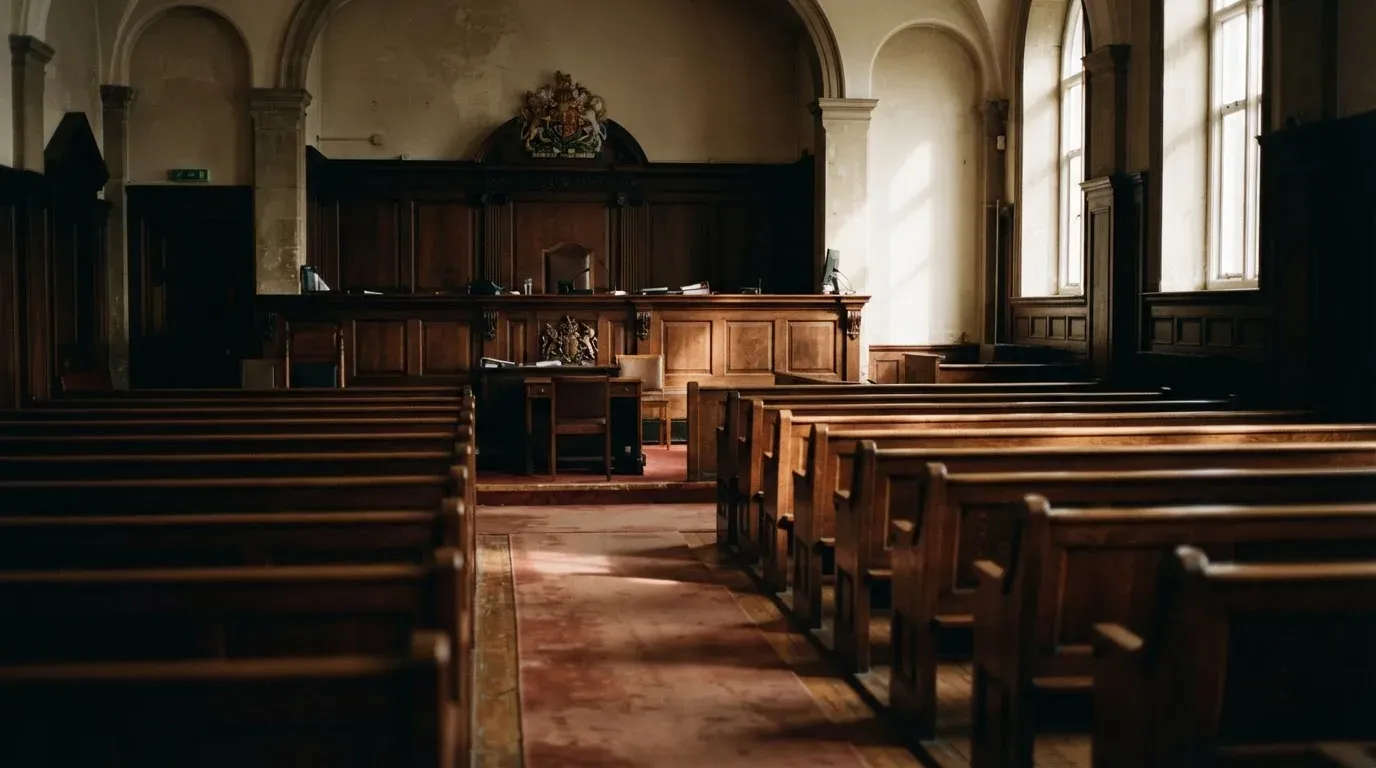 An empty courtroom with wooden benches in morning light