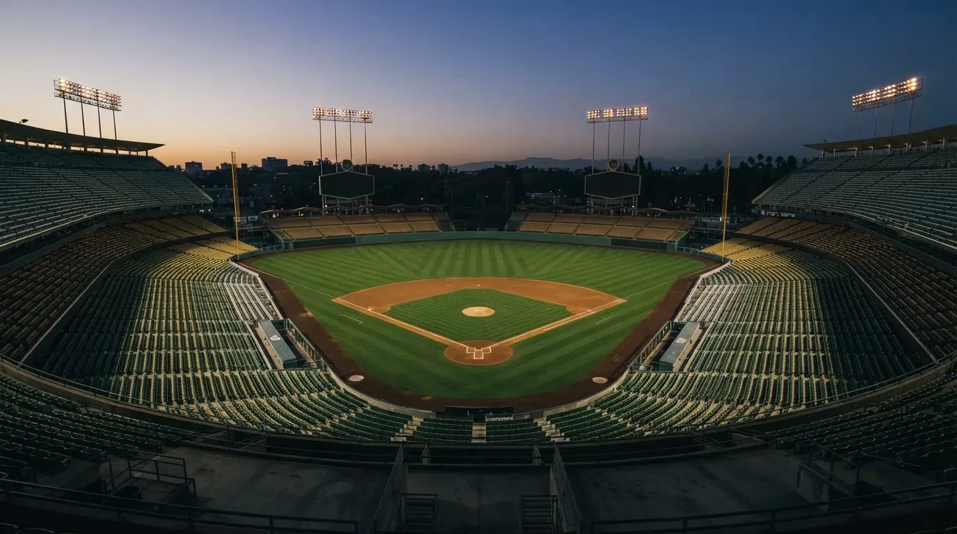 An empty football stadium with floodlight masts at dusk