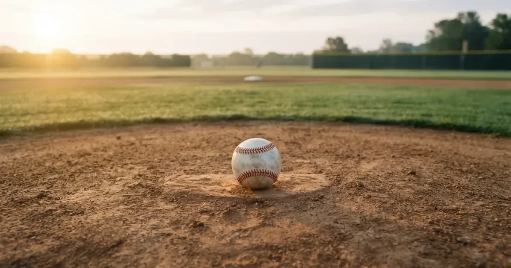 A ball on the centre spot of a grass pitch in morning light