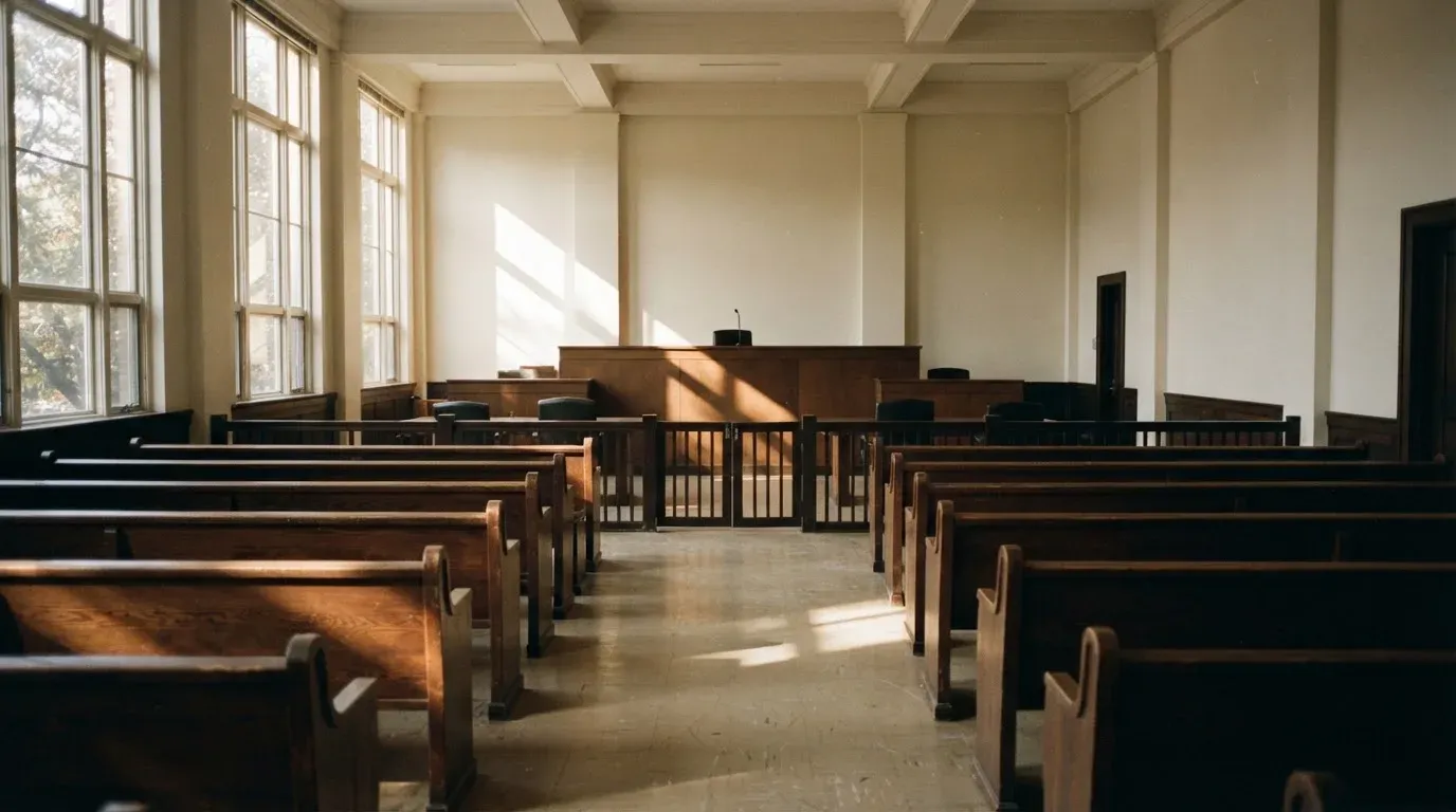 An empty courtroom with wooden benches in morning light