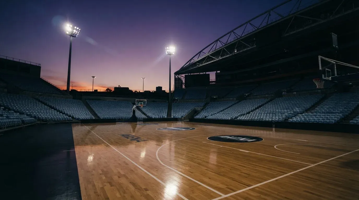 An empty football stadium with floodlight masts at dusk