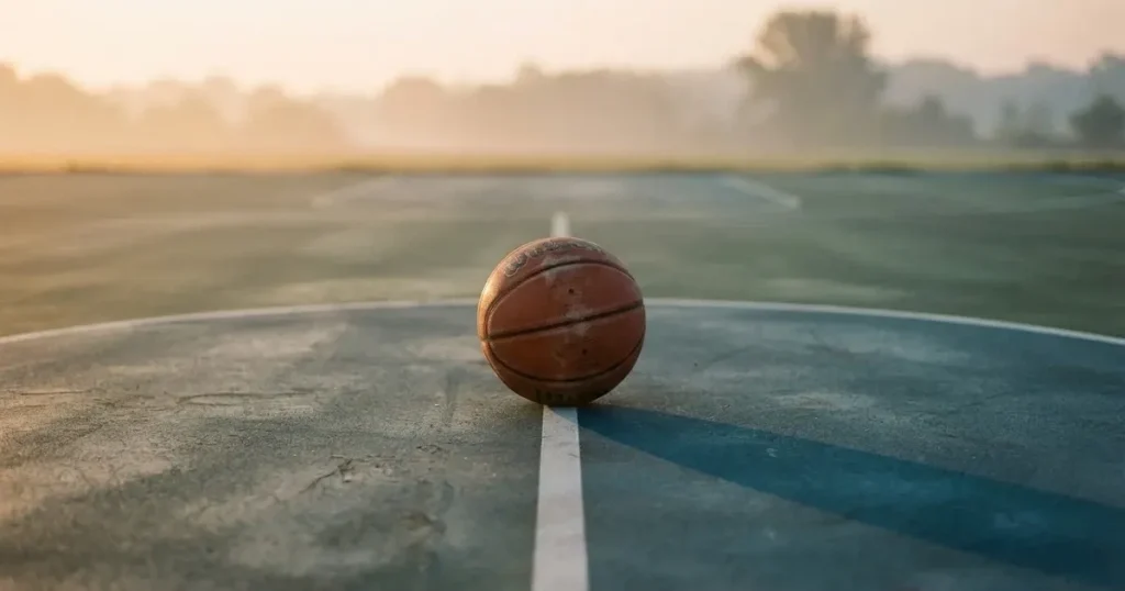 A ball on the centre spot of a grass pitch in morning light