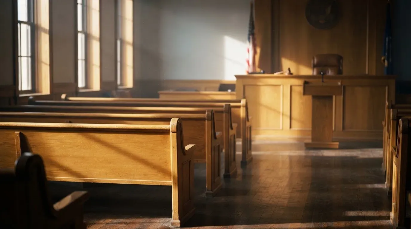 An empty courtroom with wooden benches in morning light