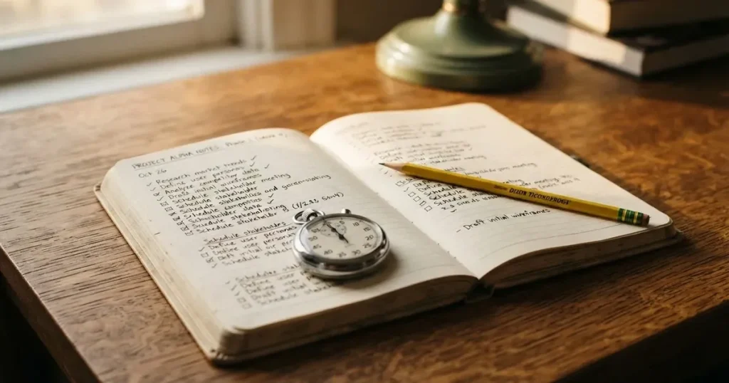 An open notebook with a pencil and a stopwatch on a wooden table