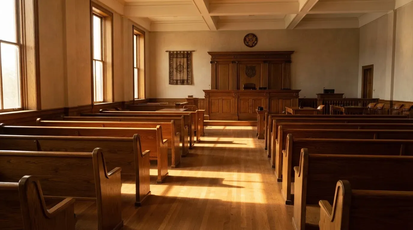 An empty courtroom with wooden benches in morning light