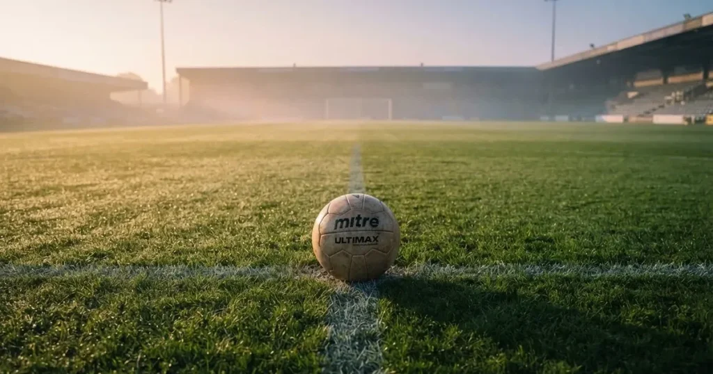 A ball on the centre spot of a grass pitch in morning light