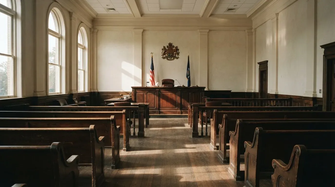 An empty courtroom with wooden benches in morning light