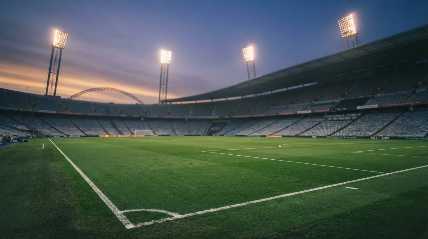 An empty football stadium with floodlight masts at dusk