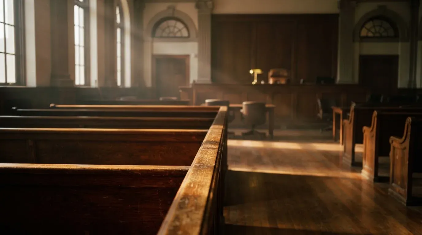 An empty courtroom with wooden benches in morning light