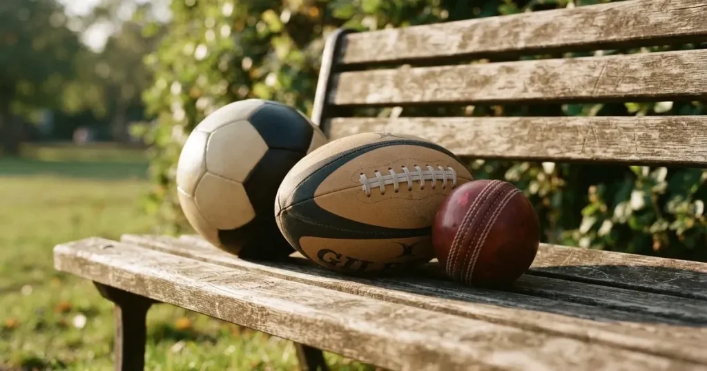 Three balls of different kinds side by side on a wooden bench