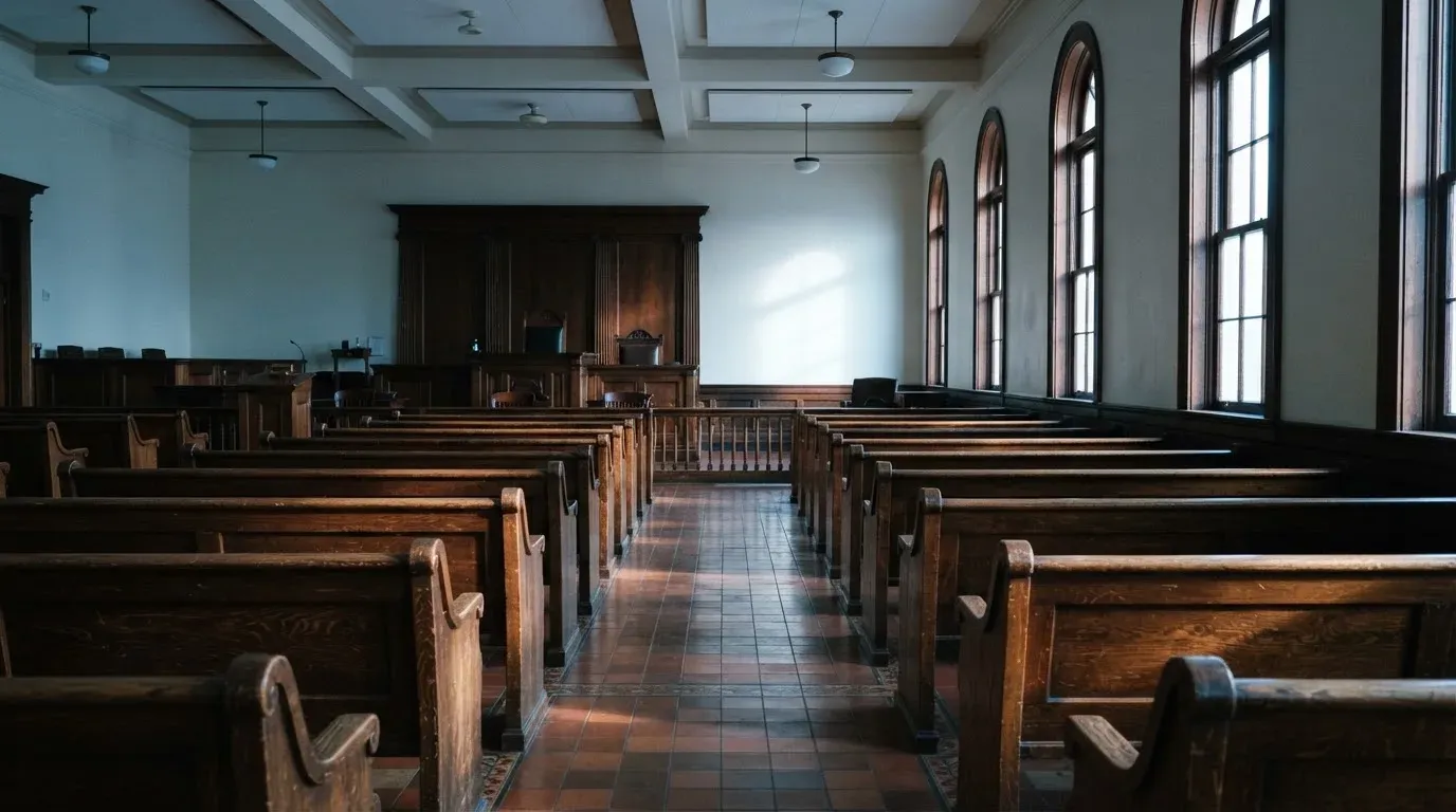 An empty courtroom with wooden benches in morning light