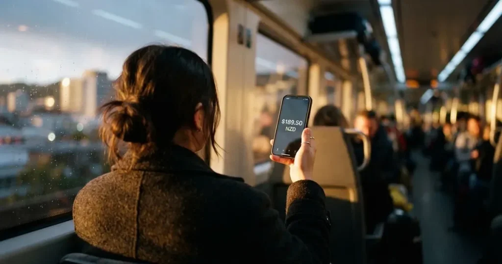 A hand holding a smartphone on a train in the evening, screen turned away