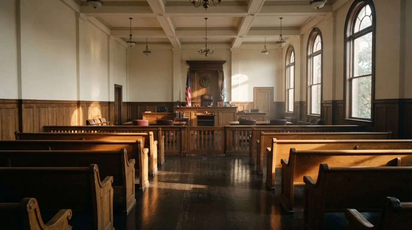 An empty courtroom with wooden benches in morning light