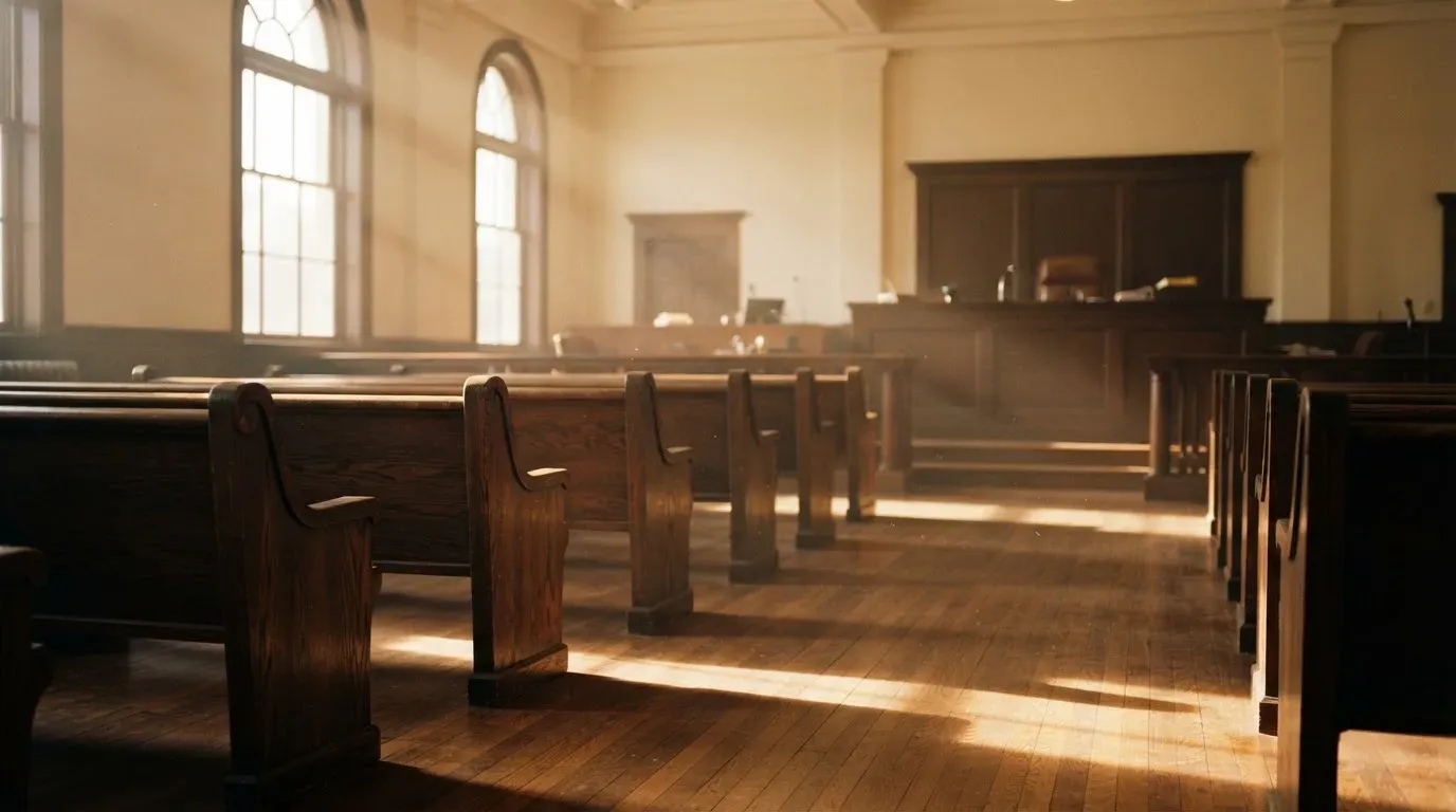 An empty courtroom with wooden benches in morning light