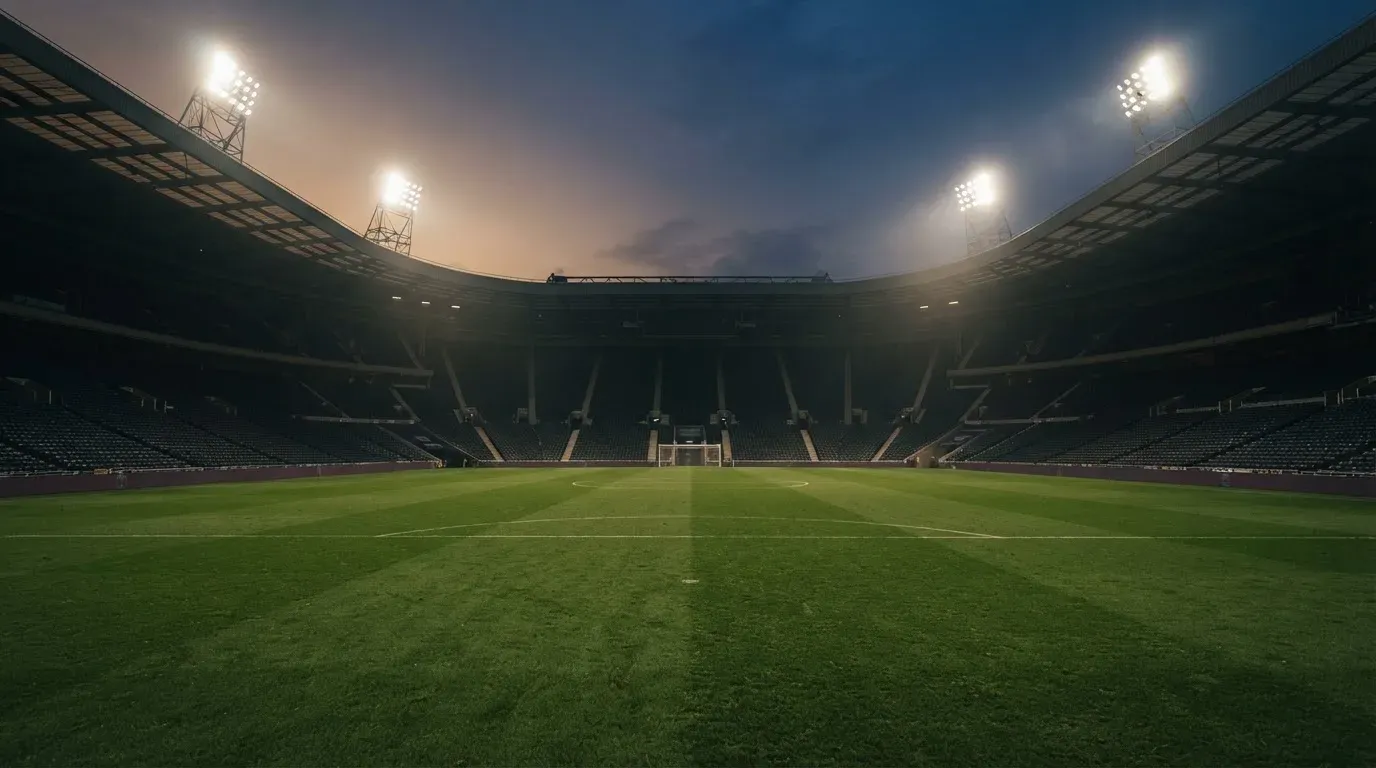 An empty football stadium with floodlight masts at dusk