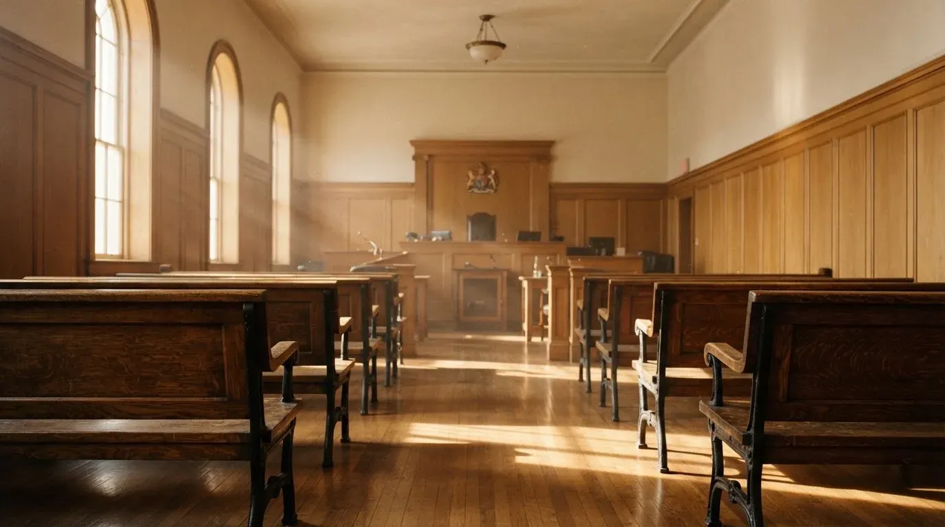 An empty courtroom with wooden benches in morning light