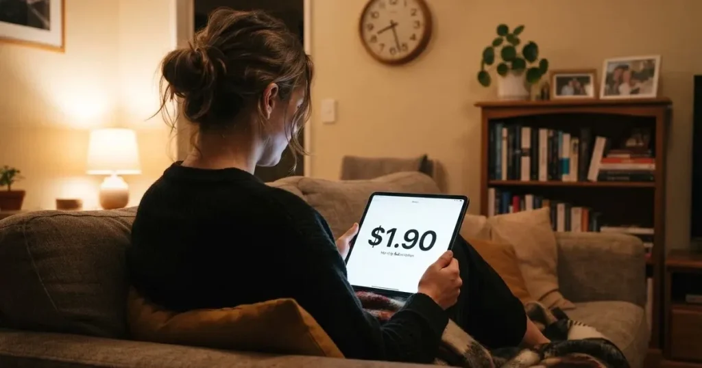 A person on a sofa looking thoughtfully at a tablet, a wall clock in the background