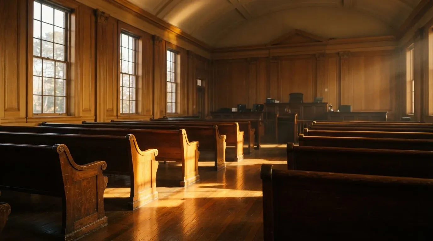 An empty courtroom with wooden benches in morning light
