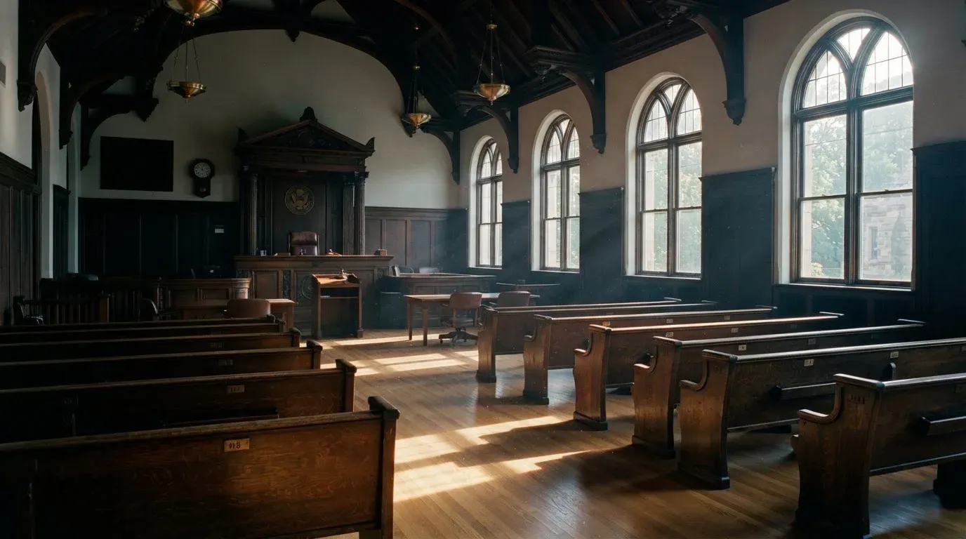 An empty courtroom with wooden benches in morning light