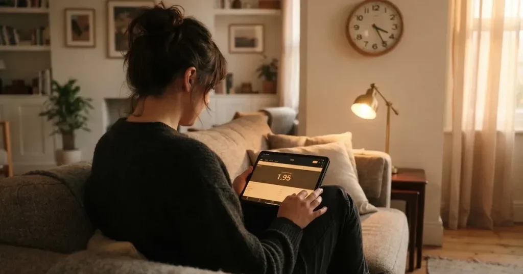 A person on a sofa looking thoughtfully at a tablet, a wall clock in the background