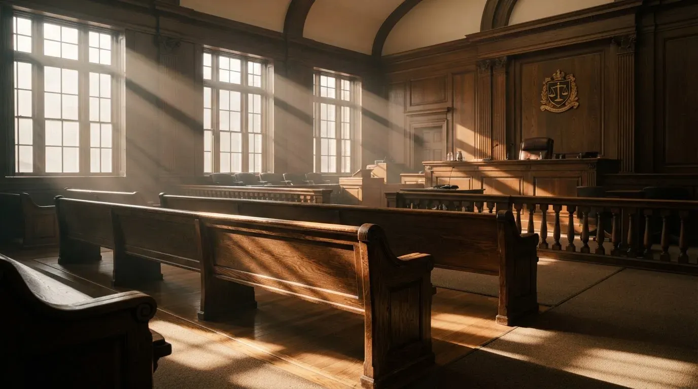 An empty courtroom with wooden benches in morning light