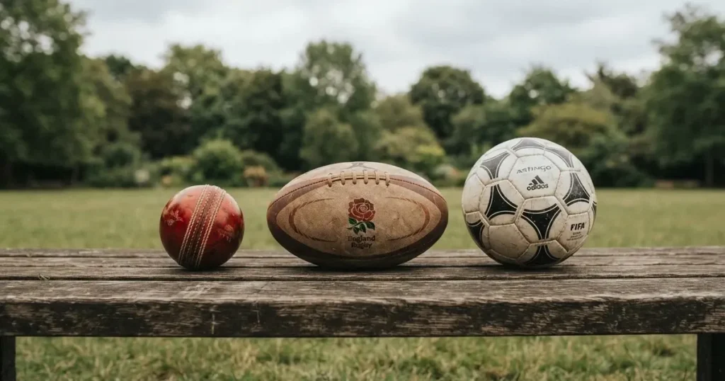Three balls of different kinds side by side on a wooden bench