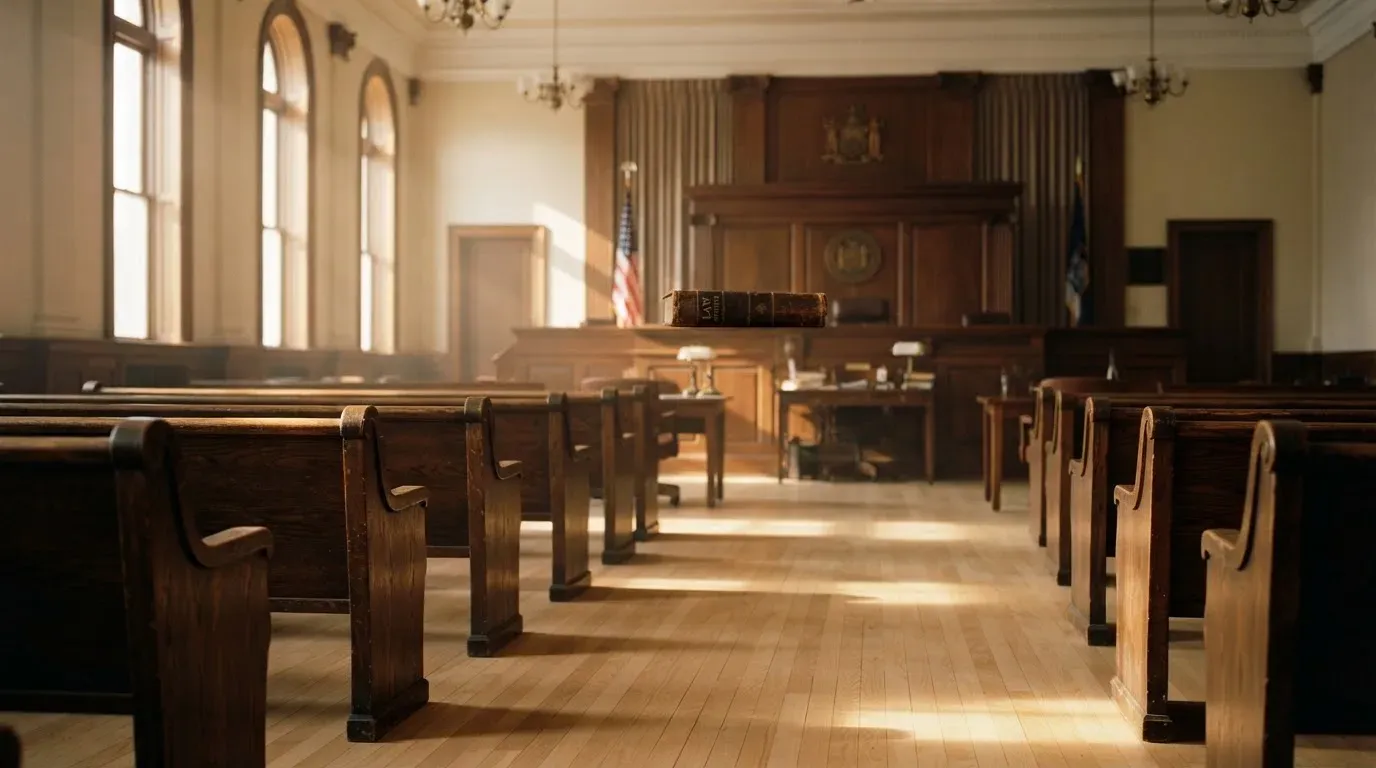 An empty courtroom with wooden benches in morning light