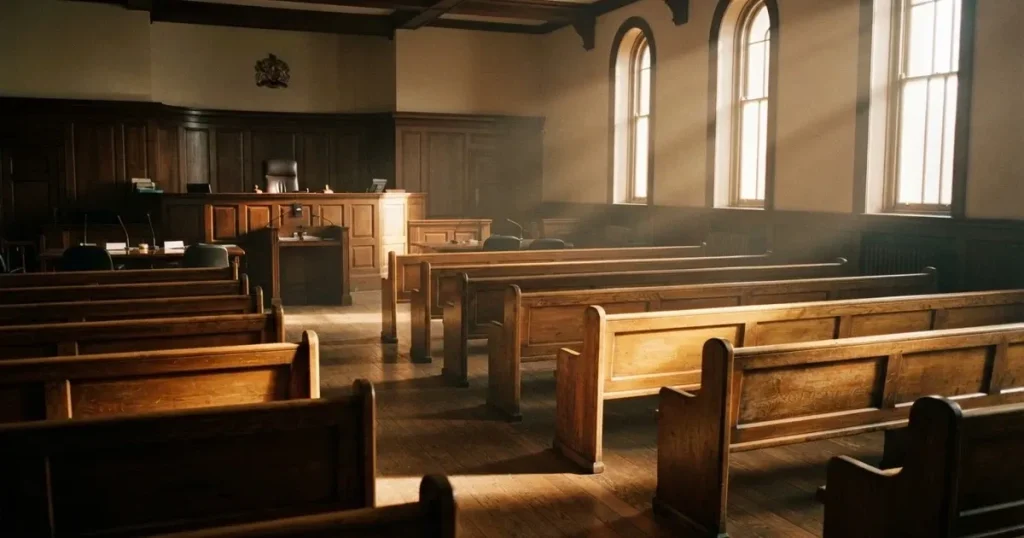 An empty courtroom with wooden benches in morning light