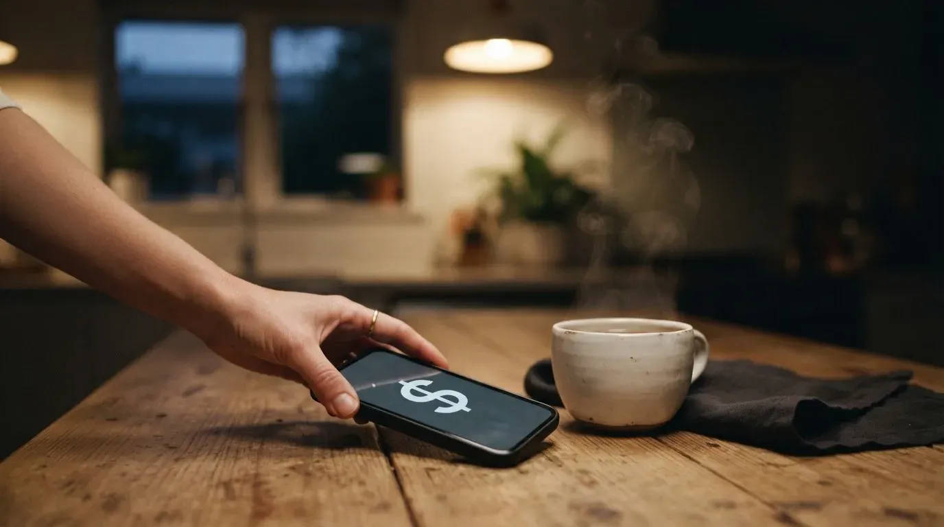 A hand setting a smartphone down beside a cup of tea on a kitchen table on a quiet evening