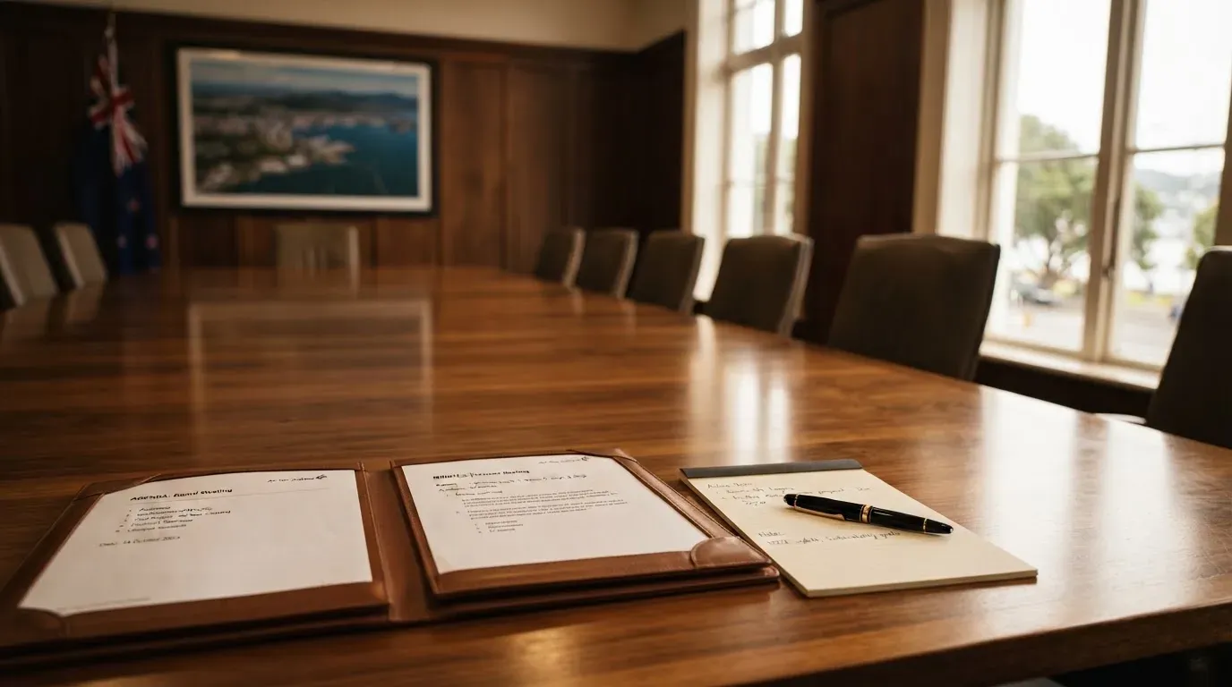 An empty courtroom with wooden benches in morning light