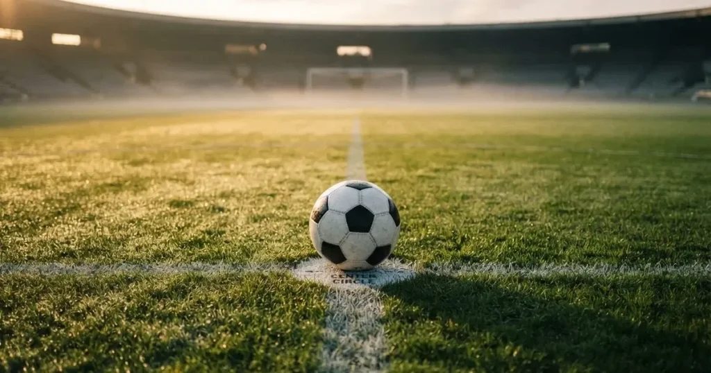 A ball on the centre spot of a grass pitch in morning light