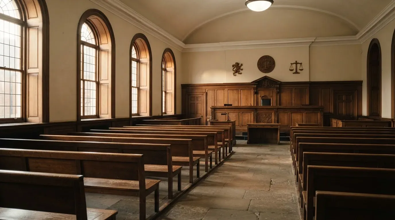 An empty courtroom with wooden benches in morning light