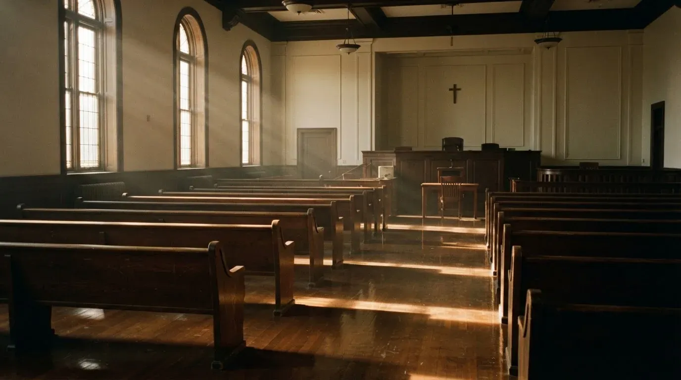 An empty courtroom with wooden benches in morning light
