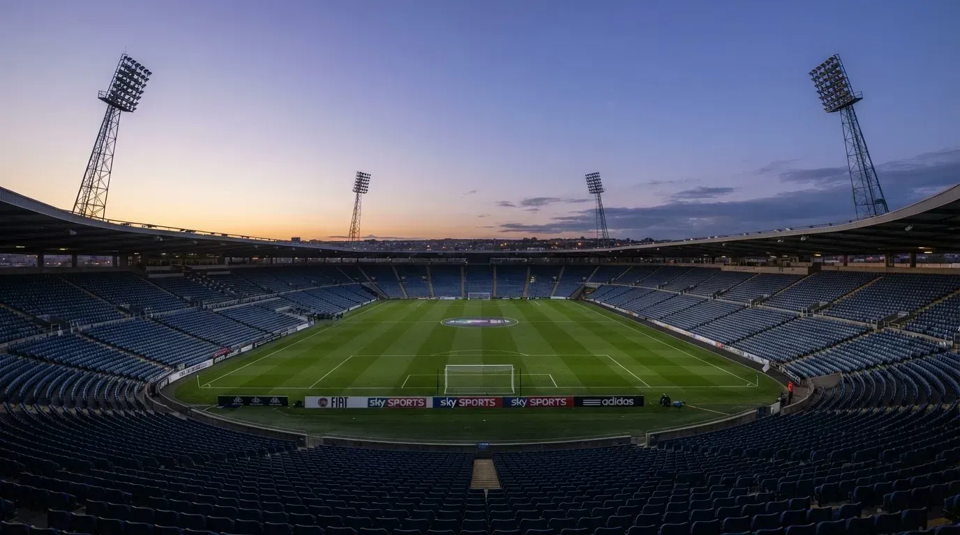 An empty football stadium with floodlight masts at dusk