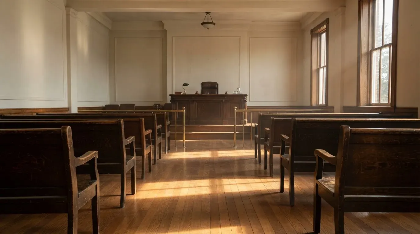 An empty courtroom with wooden benches in morning light