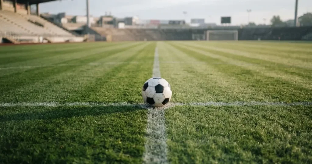 A ball on the centre spot of a grass pitch in morning light