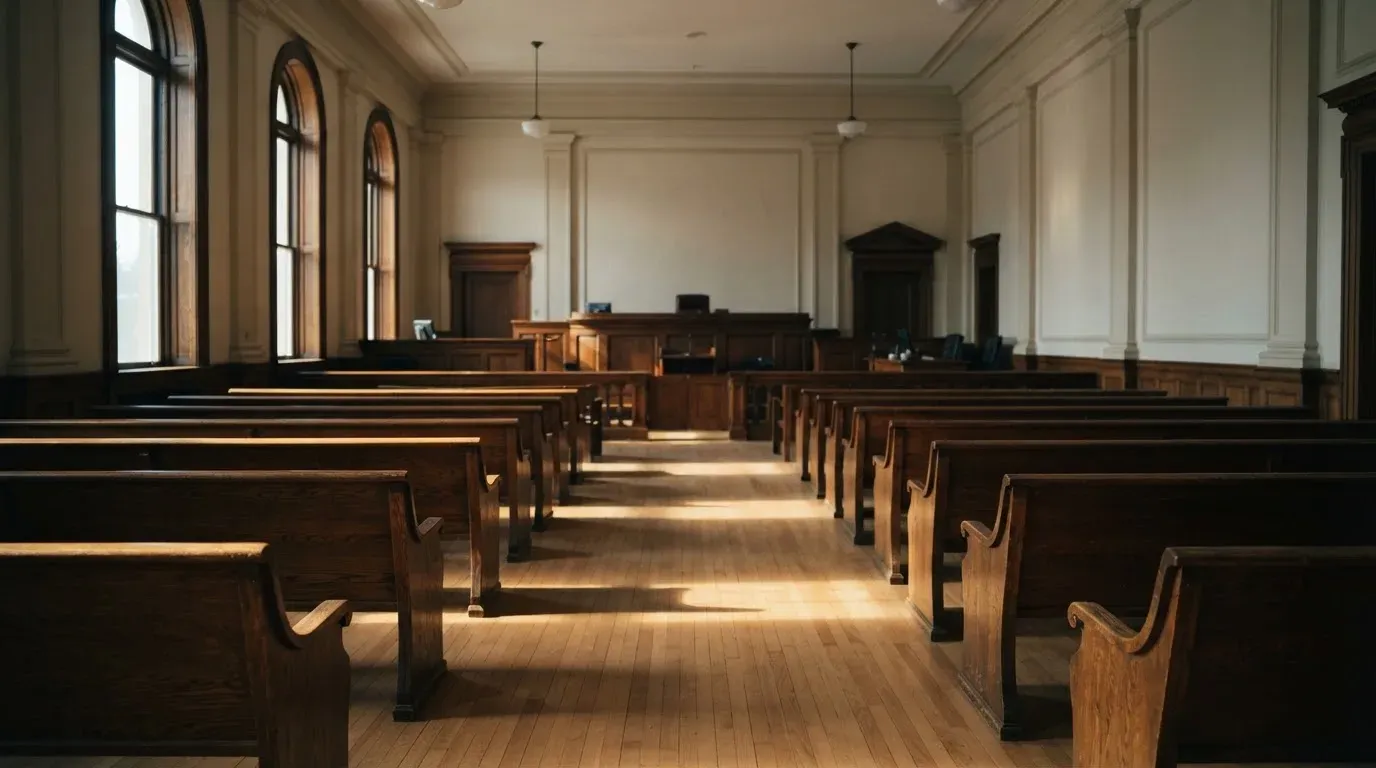 An empty courtroom with wooden benches in morning light
