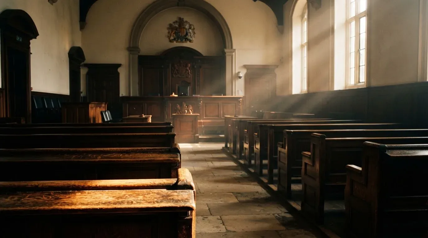 An empty courtroom with wooden benches in morning light