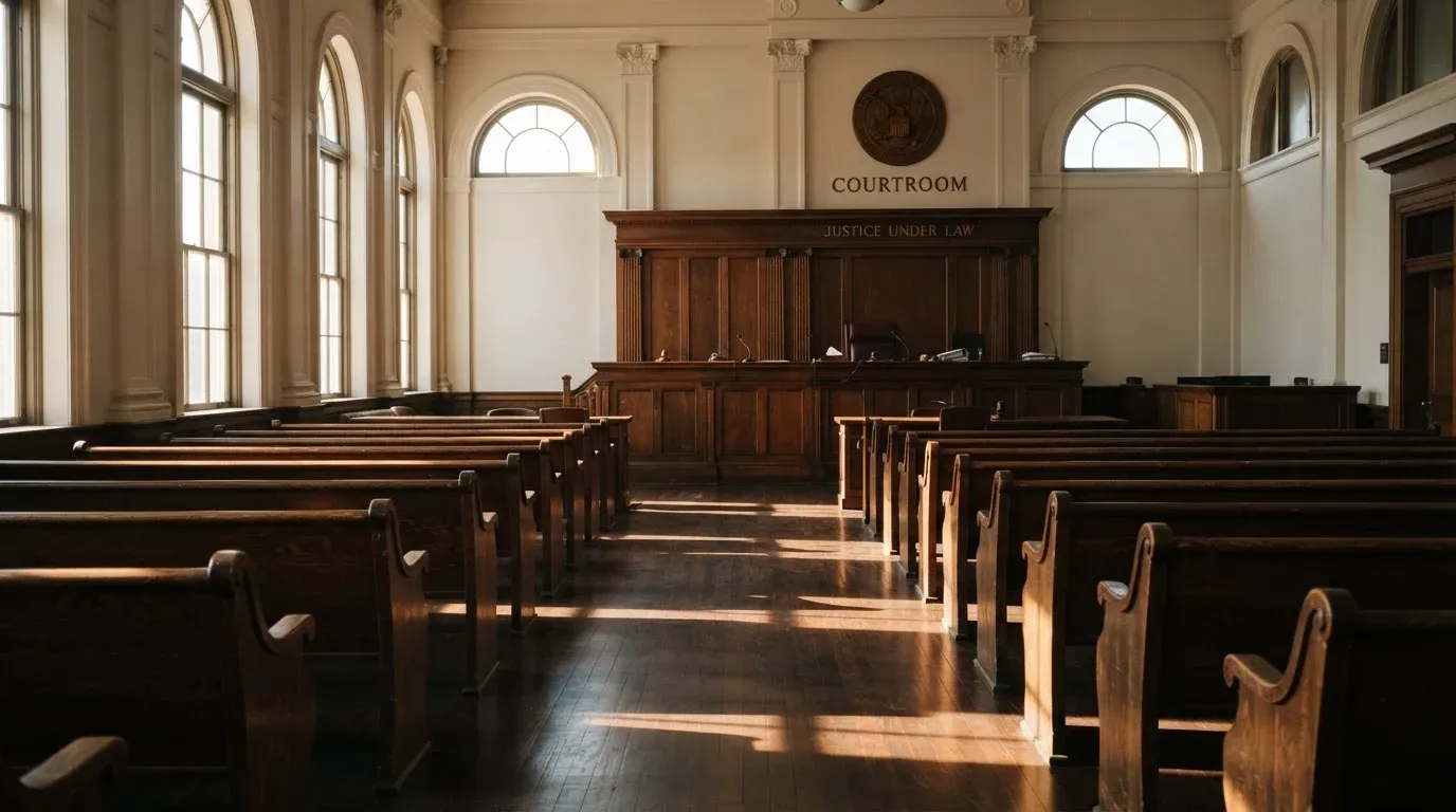 An empty courtroom with wooden benches in morning light