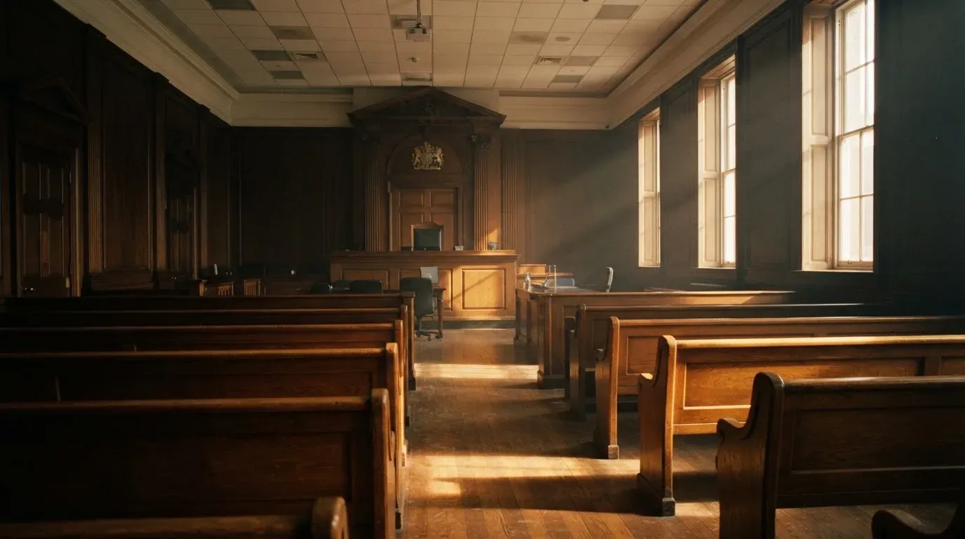 An empty courtroom with wooden benches in morning light