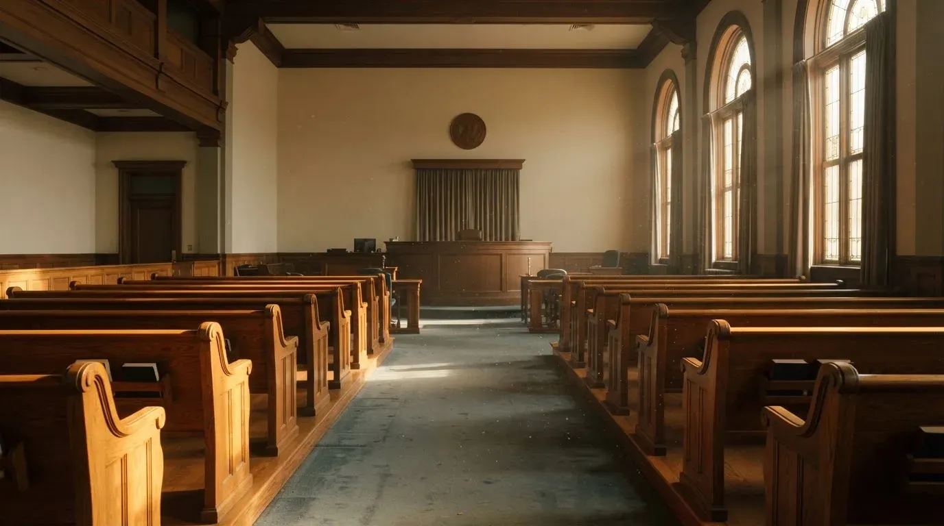 An empty courtroom with wooden benches in morning light