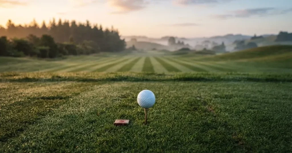 A ball on the centre spot of a grass pitch in morning light