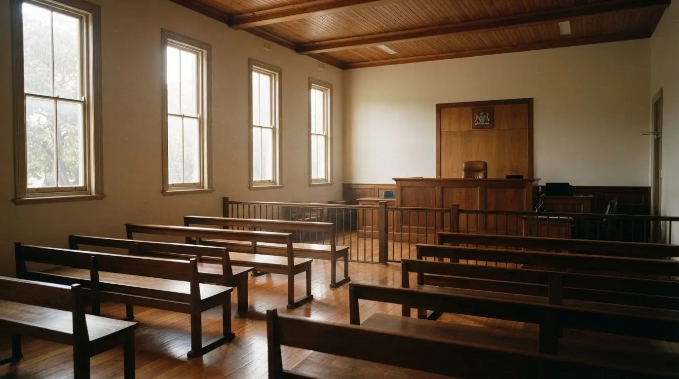 An empty courtroom with wooden benches in morning light
