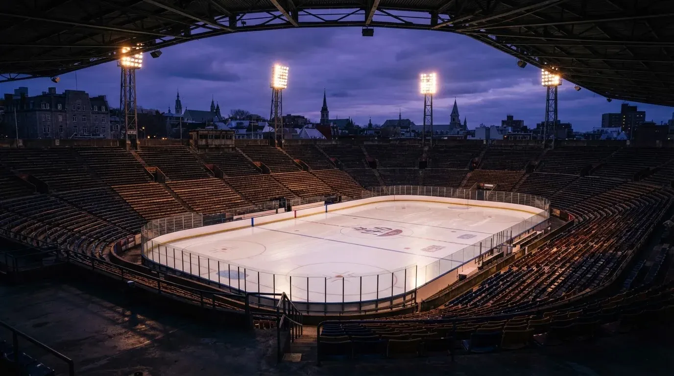 An empty football stadium with floodlight masts at dusk