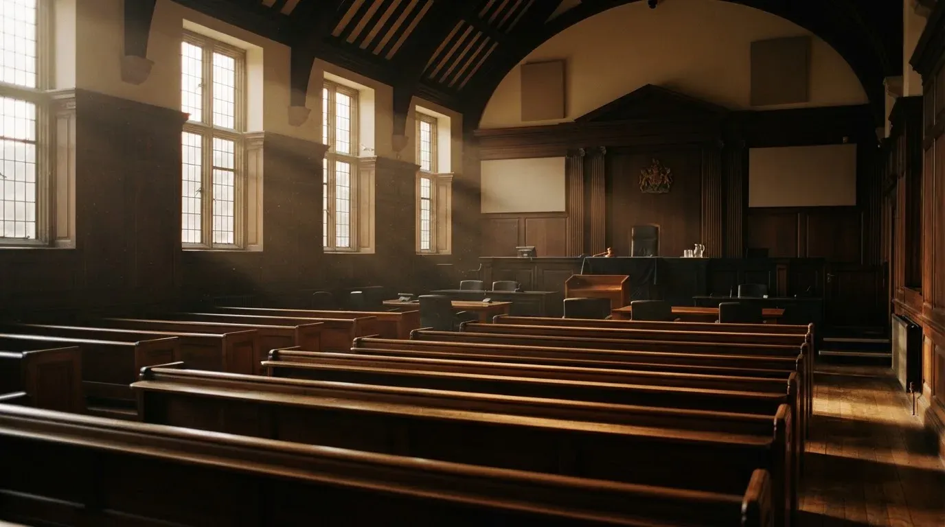 An empty courtroom with wooden benches in morning light