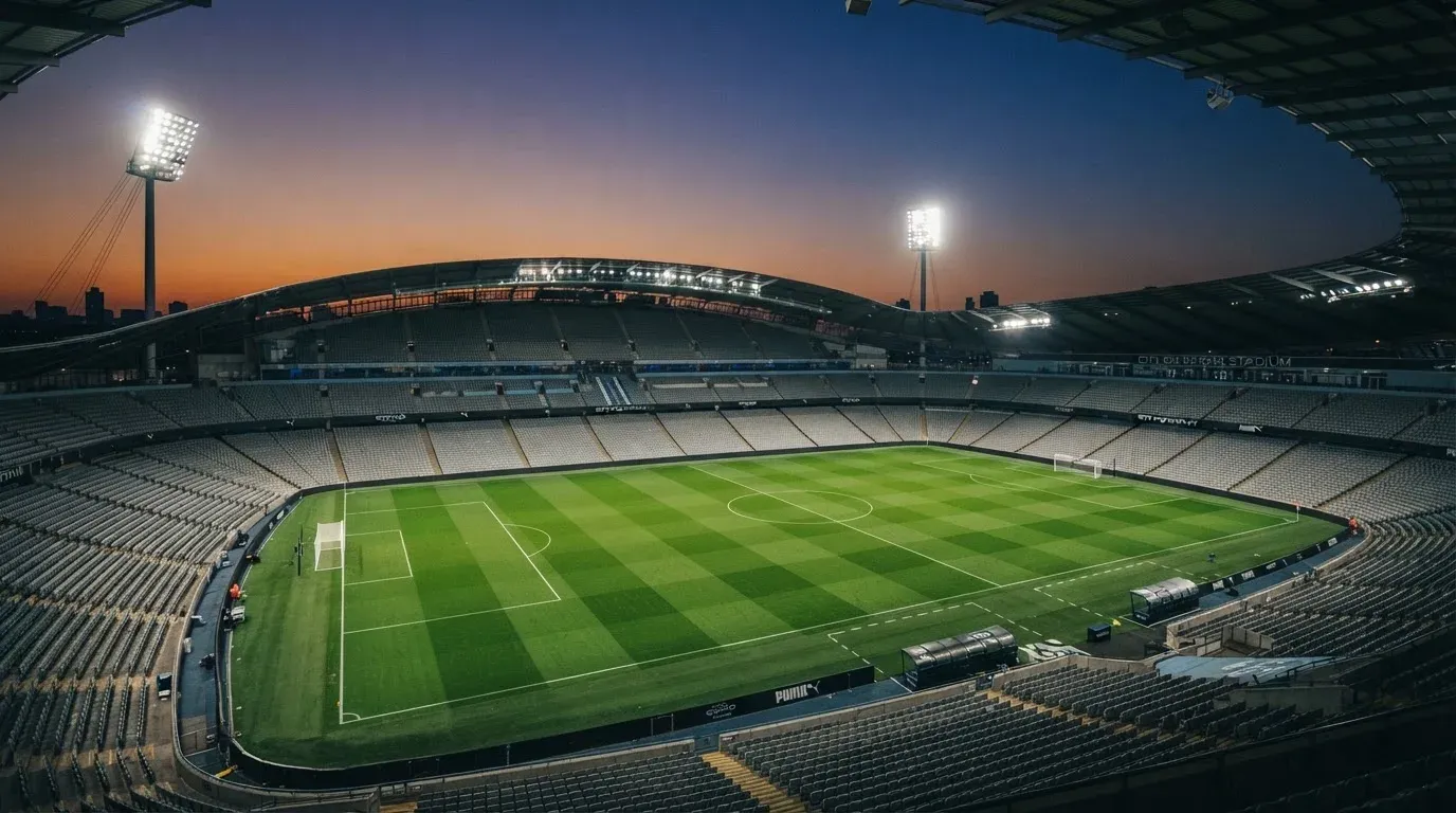 An empty football stadium with floodlight masts at dusk
