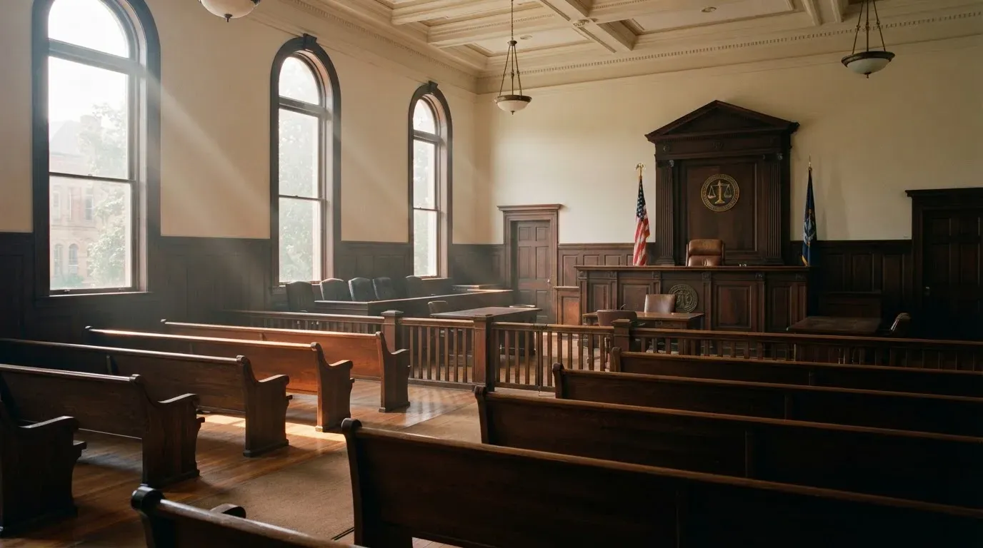 An empty courtroom with wooden benches in morning light